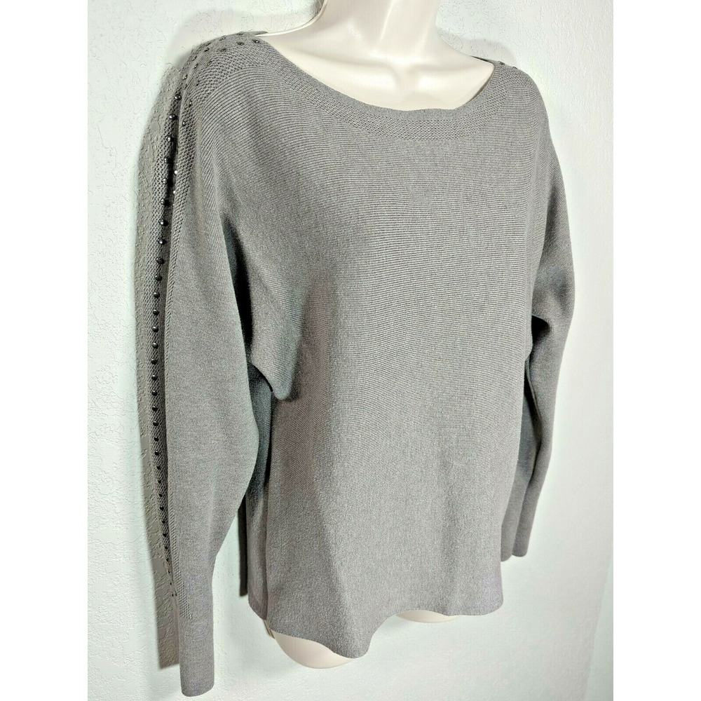 Liquid By SIONI Gray Beige Dolman Sleeve Sweater Stud‎ Accent Wool Blend M